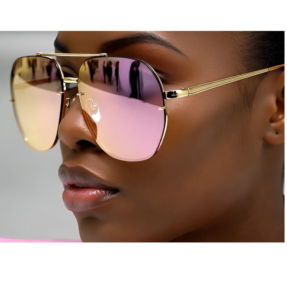 Women Men Pink Color Mirror Flat Panel Lens Gold‎ Metal Rim Pilot Sunglasses New
